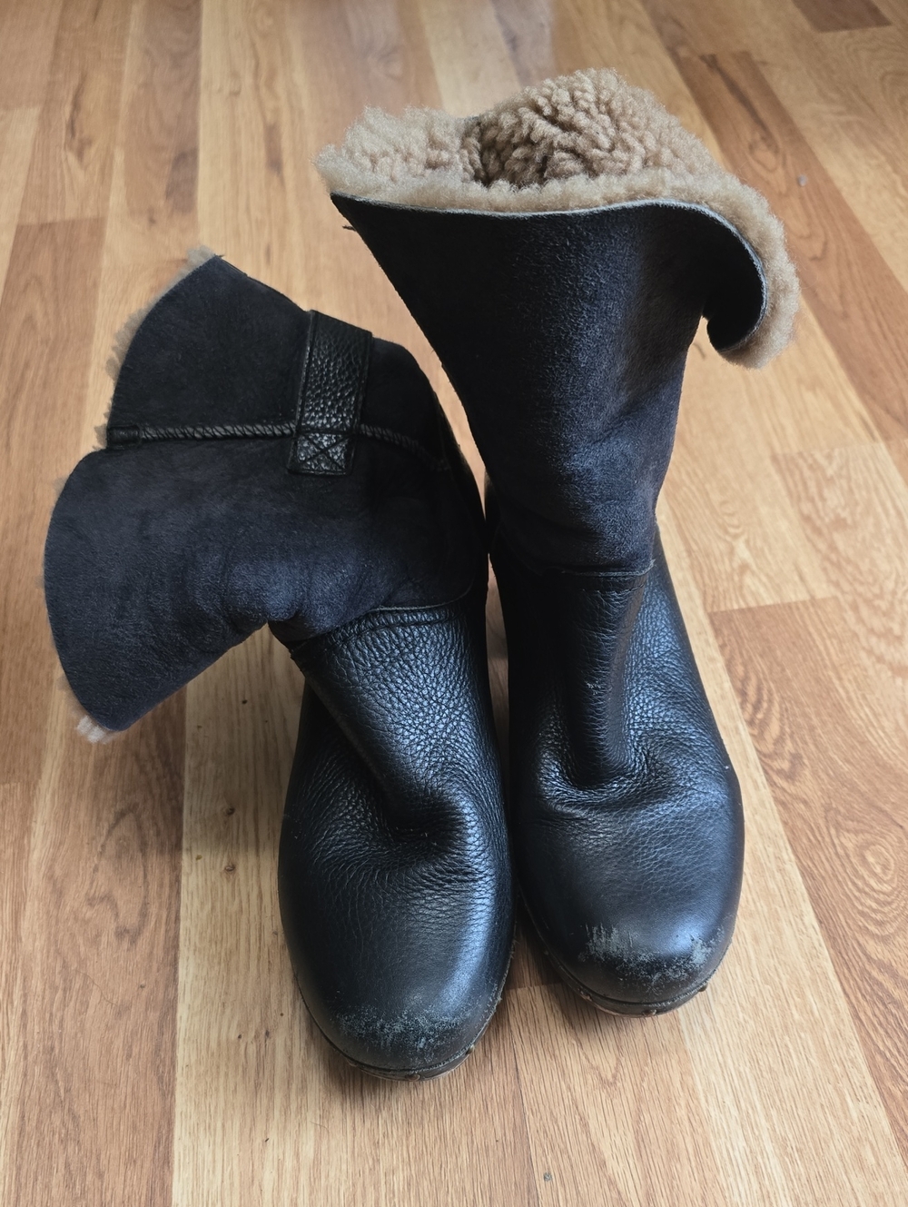 UGG Black Leather Fold-Over Shearling Heeled Boots